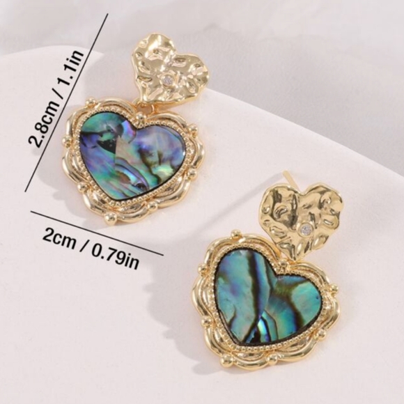 Heart Drop Shell Earrings Gold Tone Setting - Picture 4 of 7